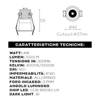 Puntoluce Led 4W 24D DC 300MA da Incasso Foro 37mm - Minispot COB Rotondo