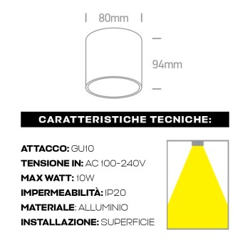 Ceiling Spotlight with GU10 Connection IP20 Cylinder Series 94mm D80mm Spotlight Colour black