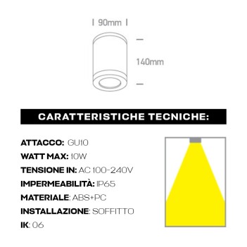 Ceiling Spotlight with GU10 Connection IP65 CYLINDER Series 140mm D90mm Spotlight white Color