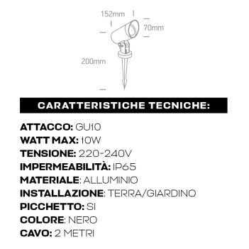 Faretto con picchetto con attacco GU10 D70mm serie Garden 220V IP65 - Nero