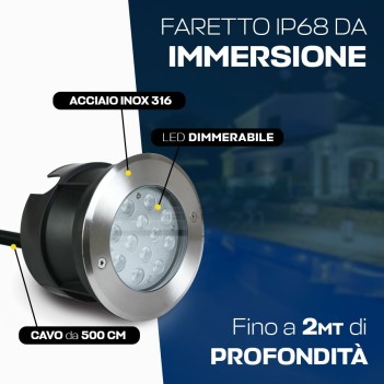 LED immersion spotlight 12W DC 24V for swimming pools and fountains - Recessed