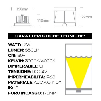 Faretto LED ad immersione 12W DC 24V per piscine e fontane ad incasso