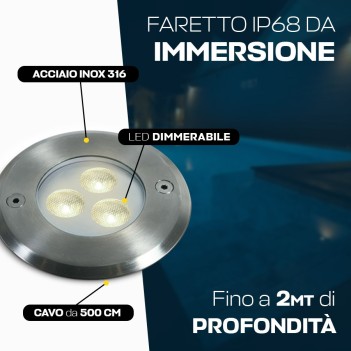 LED immersion spotlight 3W DC 24V D100mm for swimming pools and fountains - Recessed hole 88mm