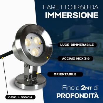 Faretto LED ad immersione 3W DC 24V per piscine e fontane dimmerabile