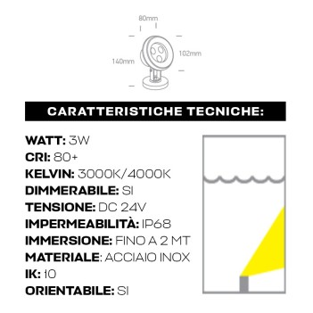 Faretto LED ad immersione 3W DC 24V per piscine e fontane dimmerabile