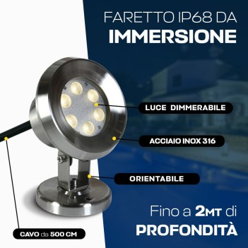 Faretto LED ad immersione 6W DC 24V per piscine e fontane dimmerabile