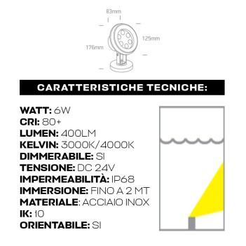 Faretto LED ad immersione 6W DC 24V per piscine e fontane dimmerabile