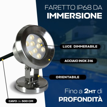 Faretto LED ad immersione 9W DC 24V per piscine e fontane dimmerabile