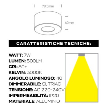 Faretto dimmerabile 7W 500lm 220V IP20 Spotlight cilindrico bianco