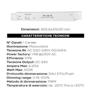 150W 24V DT6 DALI2 and Push dimmable power supply for single-color LED strips -