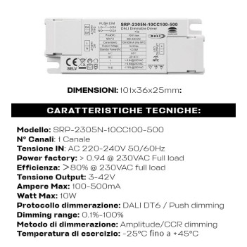 Alimentatore 10W CC 100-500mA DALI2 Collegamento NFC DALI e