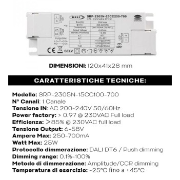 Power Supply 25W DC 250-700mA DALI2 NFC Link DALI and PUSH Dimming -