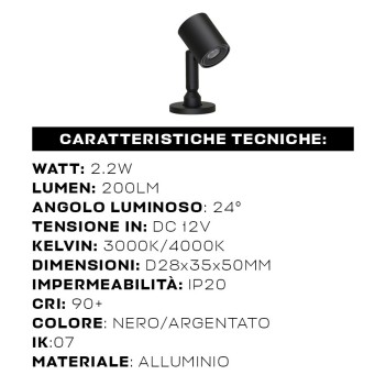 Spotlight on Stem 2.2W 12V 3000K 50MM Adjustable for Shop Windows and Display