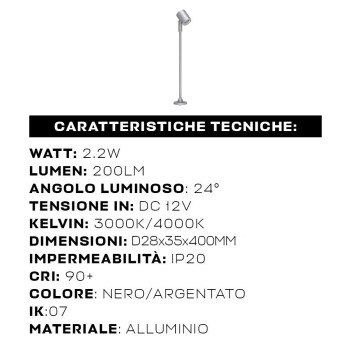 Minispot a stelo 2.2W 12V CRI90+ 50MM orientabile con asta regolabile per vetrine e teche - Argentato