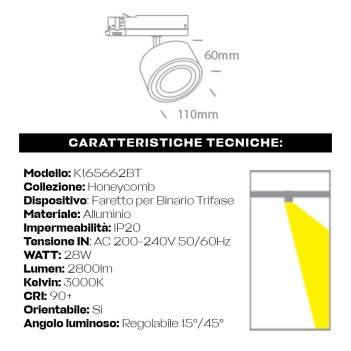 Faretto Led per Binario Trifase SERIE ZOOMABLE 28W 2800lm CRI90 Angolo Luce Regolabile 15D-45D Colore Bianco