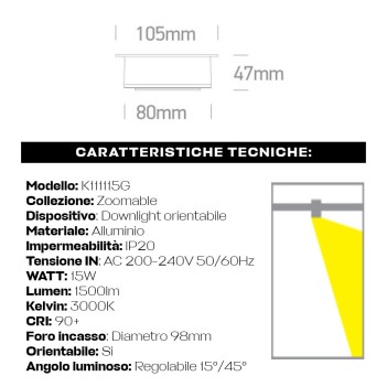 ZOOMABLE SERIES 15W 1500lm Recessed Spotlight Adjustable Light Angle 15D-45D with 98mm Hole Colour Black