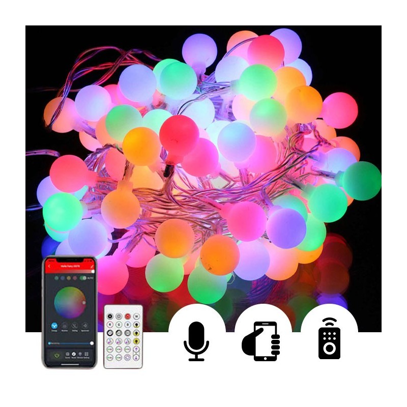 Catena 12 Metri con 66 Led Sfera Smart RGB-IC Dinamico IP65 WiFi Bluetooth Telecomando Vocale Ritmo Musica