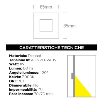 Segnapasso LED da incasso da Muro 1W 3000K 220V IP44 Colore oro