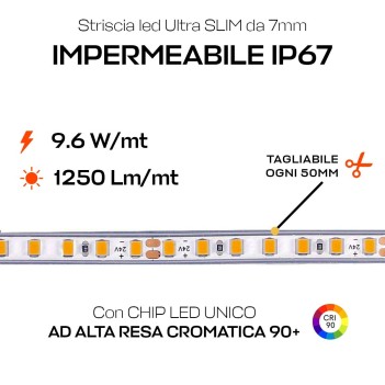 H.C. Series Slim Led Strip CRI90 48W 6250lm 24V IP67 PCB 7mm Coil of 700 SMD 2216