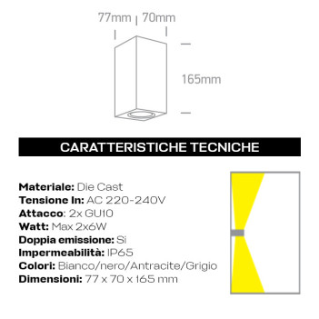 Applique da muro con doppio attacco GU10 serie Cube Light 220V IP65 - Nero in Die Cast