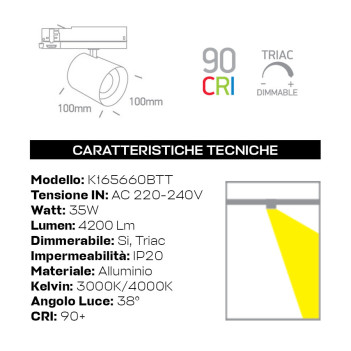 Faretto Led Trifase bianco 35W dimmerabile 4200lm CRI90 38D Serie PRO