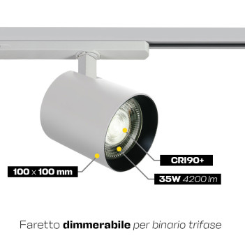 Faretto Led Trifase bianco 35W dimmerabile 4200lm CRI90 38D Serie PRO