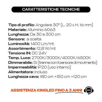 Barretta Led su Misura e Personalizzabile Angolare 30° con Sensore e Dimmer - Pronto all’Uso