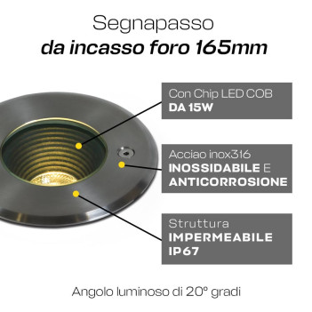 Segnapasso da Incasso Calpestabile 15W 1200lm 230V INOX316L IP67 - Rotondo Foro 165mm