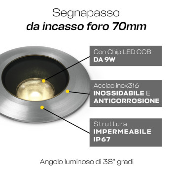 Segnapasso da Incasso Calpestabile 9W 720lm DC 24V Serie DarkLight IP67 - Rotondo Foro 70mm