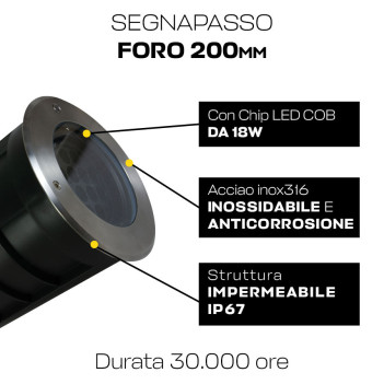 Segnapasso da Incasso Calpestabile 18W 1250lm 230V INOX316L Angolo Luce 36° orientabile IP67 - Rotondo Foro 200mm