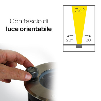 Segnapasso da Incasso Calpestabile 18W 1250lm 230V INOX316L Angolo Luce 36° orientabile IP67 - Rotondo Foro 200mm