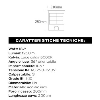 Segnapasso da Incasso Calpestabile 18W 1250lm 230V INOX316L Angolo Luce 36° orientabile IP67 - Rotondo Foro 200mm