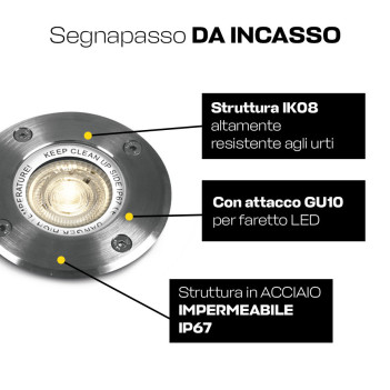 Segnapasso da Incasso Calpestabile con Portalampada GU10 230V INOX316 IP67 - Rotondo Foro 101mm