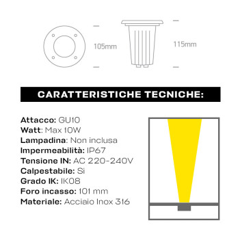 Recessed walk-through spotlight with GU10 230V INOX316 IP67 lampholder - Round Hole 101mm