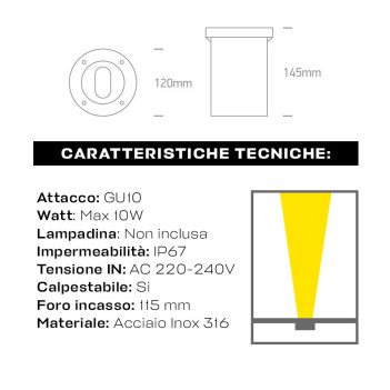 Recessed walk-through spotlight with GU10 230V INOX316 lampholder IP67 - Round Hole 115mm