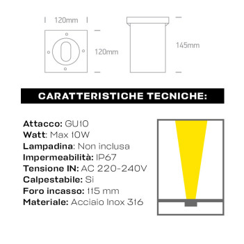 Recessed walk-through spotlight with GU10 230V INOX316 lampholder IP67 - Square Hole 115mm