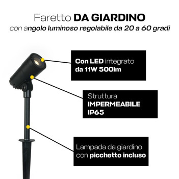 Faretto da Giardino con Picchetto 11W 500lm 20-60D Zoomabile 230V IP65 Nero - Garden Spot