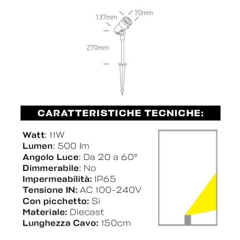 Faretto da Giardino con Picchetto 11W 500lm 20-60D Zoomabile 230V IP65 Nero - Garden Spot