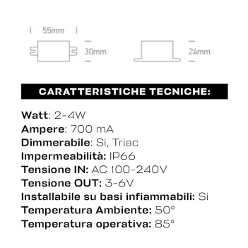 Alimentatore Led 2-4W Corrente Costante 700mA Range Tensione 3-6V IP66 Dimmerabile Triac