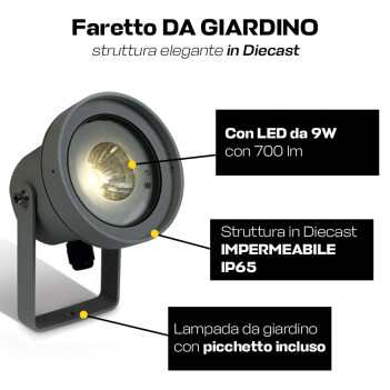 Faretto da Giardino con Picchetto 9W 700lm 35D 230V IP65 Antracite D115mm - Garden Spot