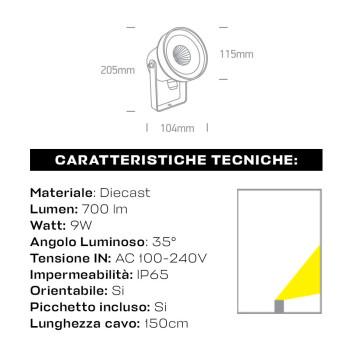 Faretto da Giardino con Picchetto 9W 700lm 35D 230V IP65 Antracite D115mm - Garden Spot