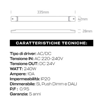 Alimentatore 240W 24V DALI e PUSH DIMMING - Serie DIMSLIM-K1