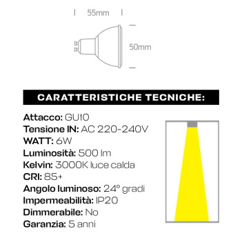 Led spotlight GU10 6W 500 lm 24D CRI 85 Size 50x55mm