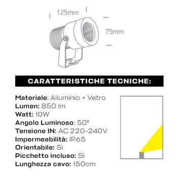 Faretto con picchetto per illuminazione di giardini colore Bianco IP65