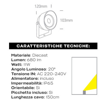 Faretto da Giardino con Picchetto 11W 680lm 20D 230V IP65 Antracite D103mm - Garden Spot