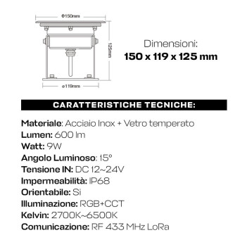 Faretto impermeabile IP68 per piscina RGB+CCT 9W orientabile