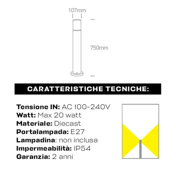 Paletto da giardino con attacco E27 serie Tube 75cm 220V IP54 - Nero