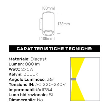 Applique da muro 12W 880lm 138mm serie Garden 220V IP54 Luce bidirezionale - Antracite