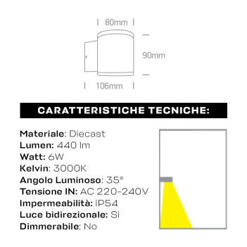 Applique da muro 6W 440lm 90mm serie Garden 220V IP54 35D - Bianco