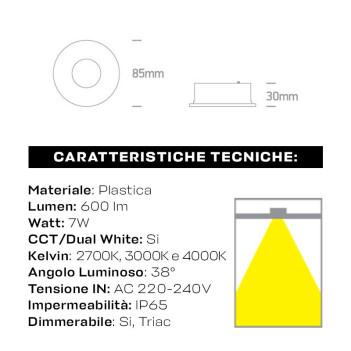 Faretto da Incasso 7W 600lm CCT IP65 230V Foro 72mm Bianco - Serie 7PV